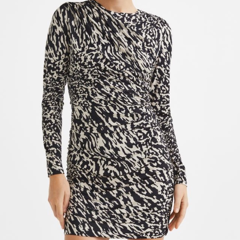 H&M Draped Bodycon Dress Beige/Black Pattern Size M